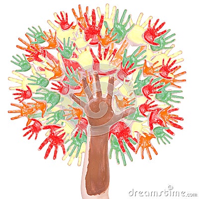 Autumn tree made of hands Stock Photo