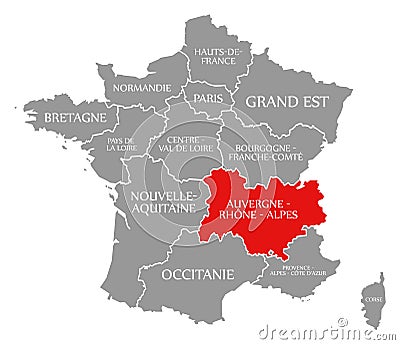 Auvergne - Rhone - Alpes red highlighted in map of France Cartoon Illustration