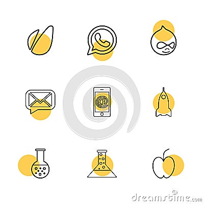 avacardo , whatsapp , message , email , mobile , rocket , apple, flask , beaker, chemical , eps icons set vector Vector Illustration