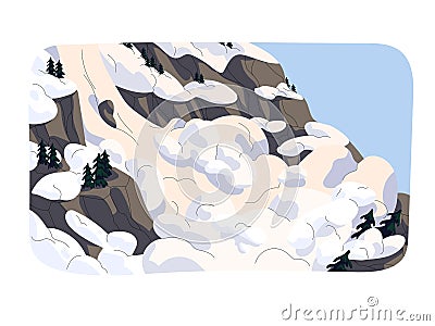 Avalanche, blizzard, earthquake in mountains. Snow landslide, landslip at winter. Snowslide on rock hill, snowy wave Vector Illustration