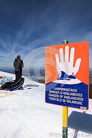 Avalanche danger sign with man vertical Editorial Stock Photo