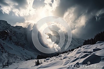 avalanches and snowstorms in the mountains, with dramatic clouds and sunlight filter through Stock Photo