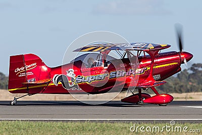 13 Time Australian Aerobatic Champion Chris Sperou flying his Pitts S-1-11B Super Stinker aerobatic biplane VH-XPS. Editorial Stock Photo