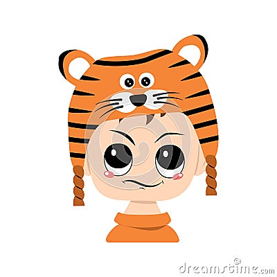 Avatar of boy with emotions of suspicious, displeased face in tiger hat Vector Illustration