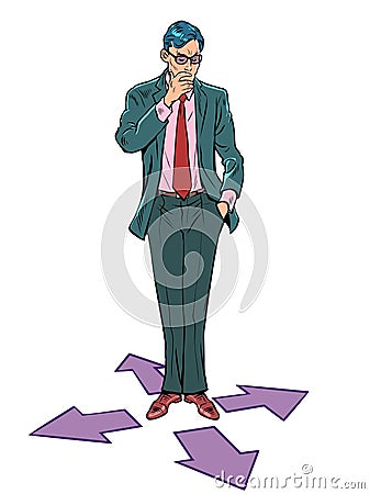 The avatar businessman is thinking where to go, right, left, forward or backward. Computer character Vector Illustration