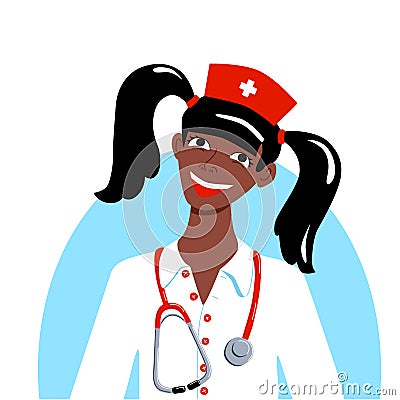 Avatar dark skinned girl in nurse costume for halloween carnival. Cap with a cross robe and stethoscope. Brunette with two Cartoon Illustration