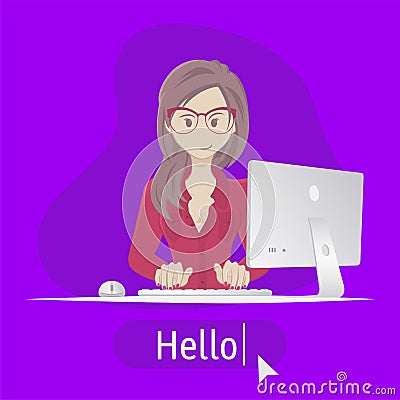 Avatar Hello. Woman sitting at table with computer Vector Illustration