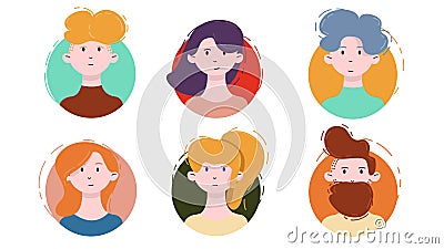 Avatar Icon Set. Isolated Male and Female Portraits on a Circle Background in Modern Linear Flat Style. Social Media Template Vector Illustration