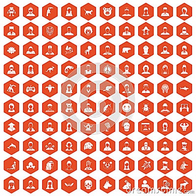 100 avatar icons hexagon orange Vector Illustration