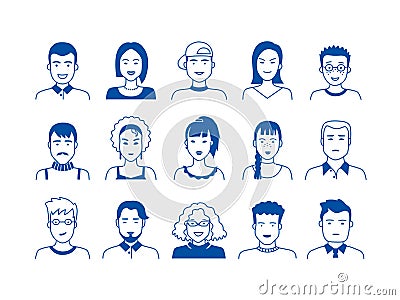 Avatar line icons. Hand drawn people cartoon faces, cute boys and girls teen persons, modern vector male and female Vector Illustration