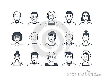Avatar line icons. Male and female hand drawn cartoon persons, flat boys and girls doodle characters. Vector modern Vector Illustration