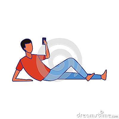 Avatar man with cellphone lying, flat design Vector Illustration