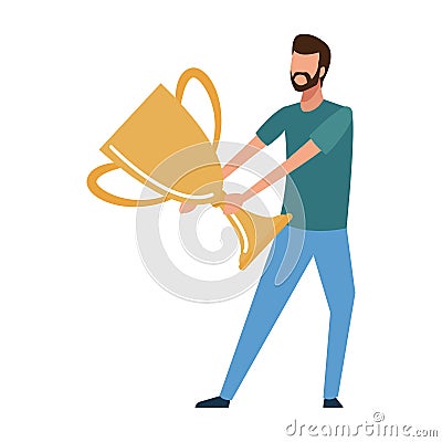 Avatar man holding a big trophy icon Vector Illustration