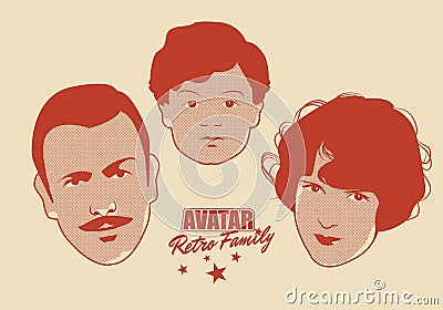 Avatar Retro Family. Cartoon faces woman, man and child retro style Vector Illustration