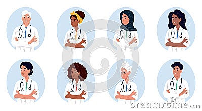 Avatar of smiling medical staff. Set of different doctors. African American, Muslim, Native American, African, Chinese, Asian, Stock Photo