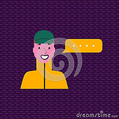 Avatar of smiling sportsman with bubble. Stylish boy talking. Vector Illustration