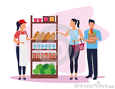 Avatar supermarket worker helping a customers at stand with groceries Vector Illustration