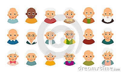 Avatar user old people. Web icon set. Modern illustration with male and female avatar user elderly people. Collection happy and Vector Illustration