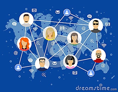 Avatar vector image human faces internet icons on the world map Vector Illustration