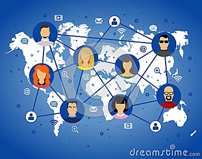 Avatar vector image human faces internet icons on world map grad Vector Illustration