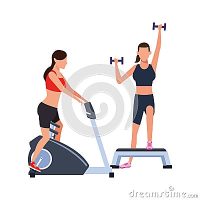 Avatar women exercising and lifting dumbbells icon Vector Illustration