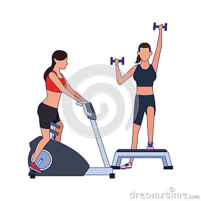 Avatar women exercising and lifting dumbbells icon Vector Illustration