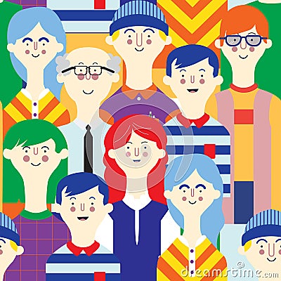 Avatars character people set. Flat, female, male pattern, seamless, tile, background Vector Illustration