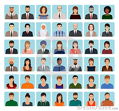 Avatars characters set of different people. Business, elegant and sports icons of faces to your profile. Vector Illustration