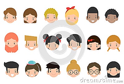 Avatars collection of cute kids. Vector illustration of different nationalities children`s , Cartoon child avatar set. Vector Illustration