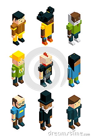 Avatars for 3D games. Isometric low poly people in various clothes Vector Illustration