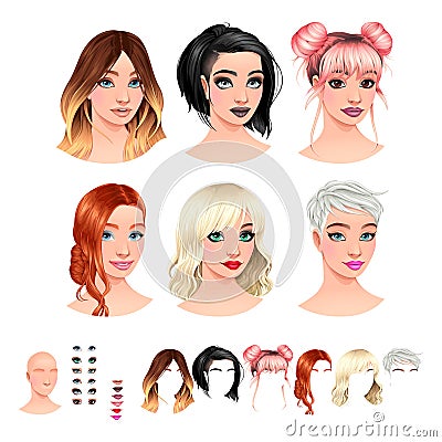 Avatars. 6 hairstyles, 6 make-up, 6 mouths, 1 head Vector Illustration