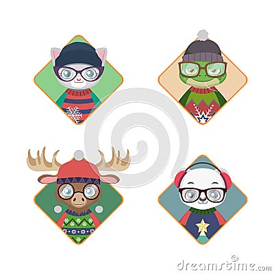 Avatars of hipster animals in ugly Christmas sweaters Vector Illustration