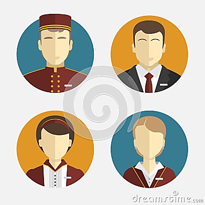 Avatars people. The hotel staff. Reception, curtains, maid manager. Vector flat design Vector Illustration