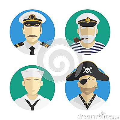 Avatars people. profession. sailor, pirate, Captain. Vector flat design Vector Illustration