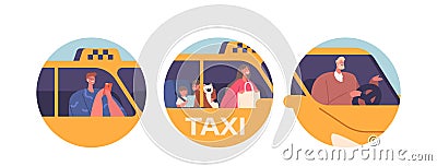 Avatars or Round Icons with Characters Use Taxi Service. Customers or Clients and Driver in Cab. Family with Children Vector Illustration