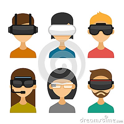 Avatars with Virtual Reality Glasses Icon Set. Flat Style Design. Vector Vector Illustration