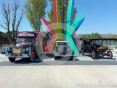 Chevrolet 1942 bus, Ford 1935 cabriolet and Ford T. Expo Fierros 2021 classic car show. Copyspace Editorial Stock Photo