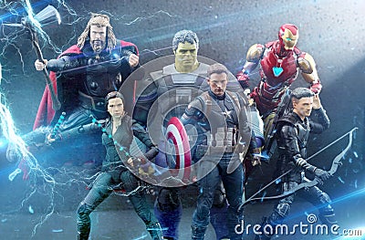 Avengers assemble avenger fight action figure toys photography marvel comic captain america black widow hawkeye ironman thor hulk Editorial Stock Photo