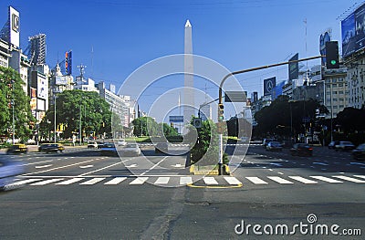 Avenida 9 de Julio, widest avenue in the world, and El Obelisco, The Obelisk, Buenos Aires, Argentina Editorial Stock Photo