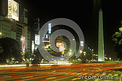 Avenida 9 de Julio, widest avenue in the world, and El Obelisco, The Obelisk at night, Buenos Aires, Argentina Editorial Stock Photo