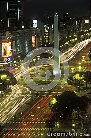 Avenida 9 de Julio, widest avenue in the world, and El Obelisco, The Obelisk at night, Buenos Aires, Argentina Editorial Stock Photo