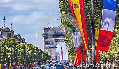 Avenue Champs Elysees Traffic Arc de Triomphe Flage Paris France Stock Photo