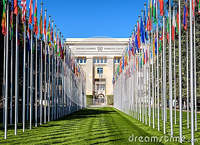 Avenue of flags and Palace of Nations in Geneva, Switzerland Editorial Stock Photo