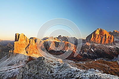 Averau Peak and Tofana di Rozes, the Dolomites in the autumn sunset light. Stock Photo