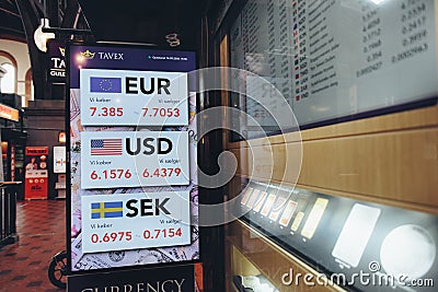 avex currency exchange office located at the Copenhagen Central station, shows euro, dollar and swedish krona cross rate currency Editorial Stock Photo