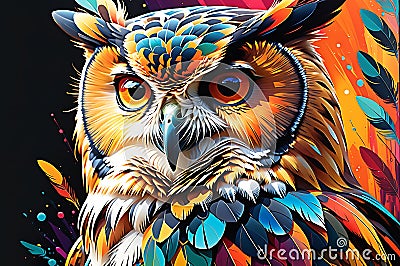 Avian Abstract Symphony: Owl Portrait Embracing Abstract Art, Vibrant Double Exposure Technique, Bright Colors Meshing as If Stock Photo