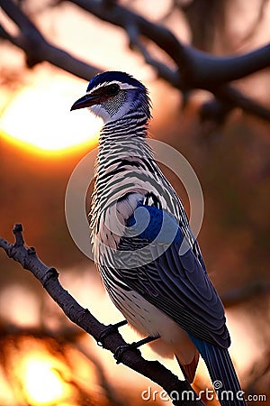 Avian Elegance. Bird perched on a branch against the setting sun Stock Photo