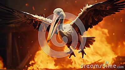 Intense And Humorous Animal Portraits: Pelican Soaring Through Flaming Fire Stock Photo