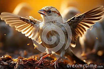 The avian symphony Passer montanus sparrows in a lively flock Stock Photo