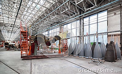 Aviation factory of military aircraft. Slipway with the Russian multirole fighter, back view Stock Photo